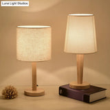 Modern Geometric Fabric Table Lamp With Wooden Base - Single White Nightstand Light