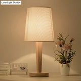 Modern Geometric Fabric Table Lamp With Wooden Base - Single White Nightstand Light