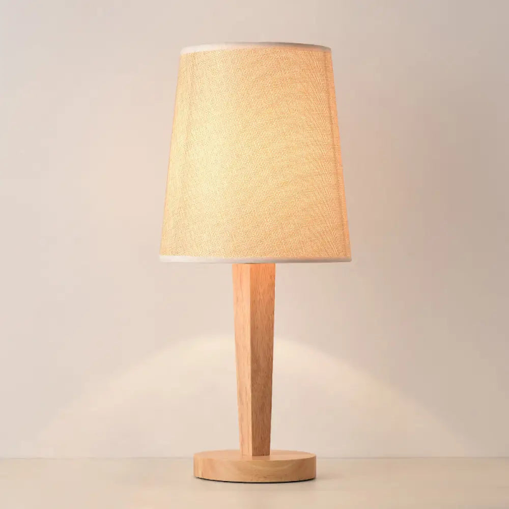 Modern Geometric Fabric Table Lamp With Wooden Base - Single White Nightstand Light / Drum