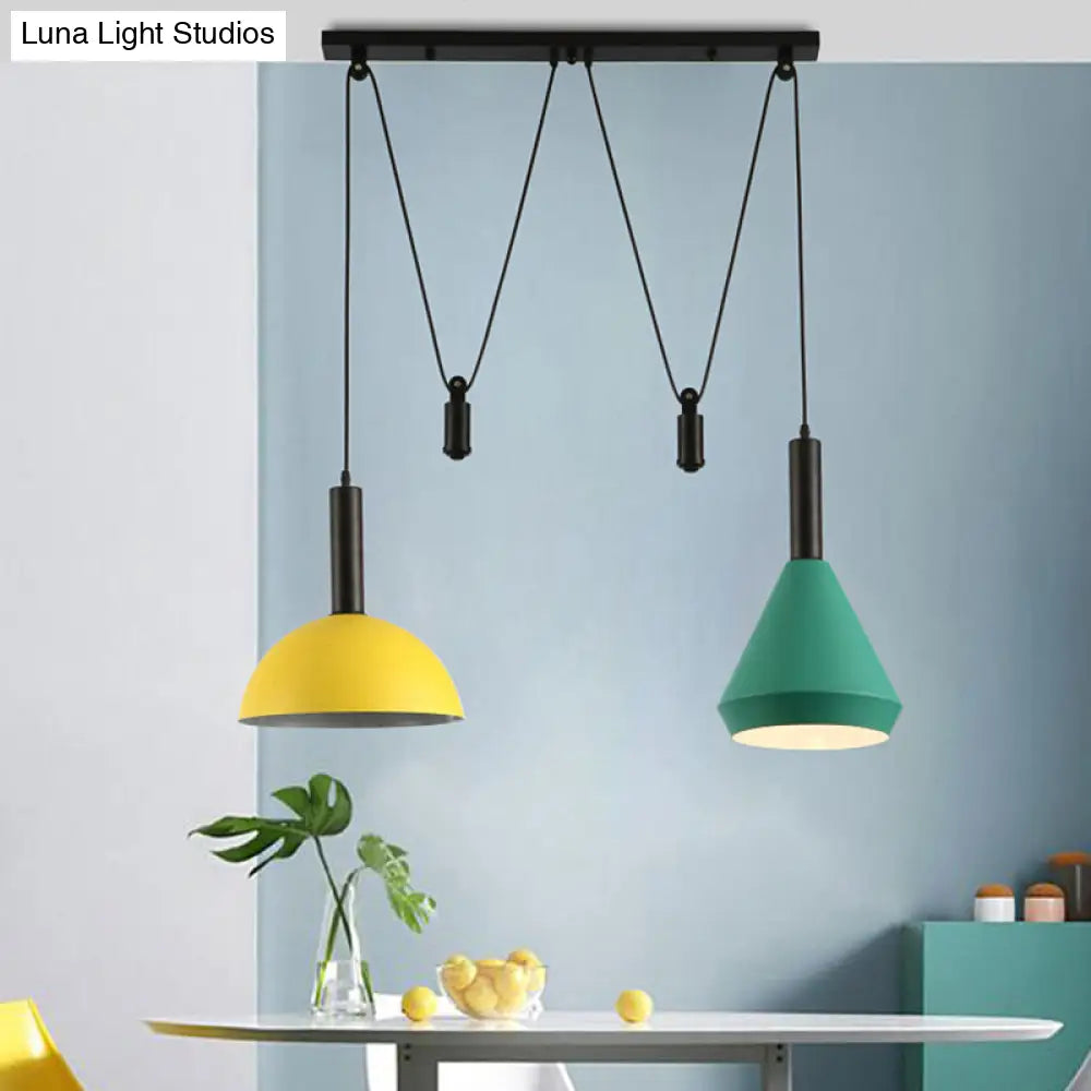 Modern Geometric Pendant Lamp With Pulley - Nordic Aluminum 2 Lights Ideal For Restaurants