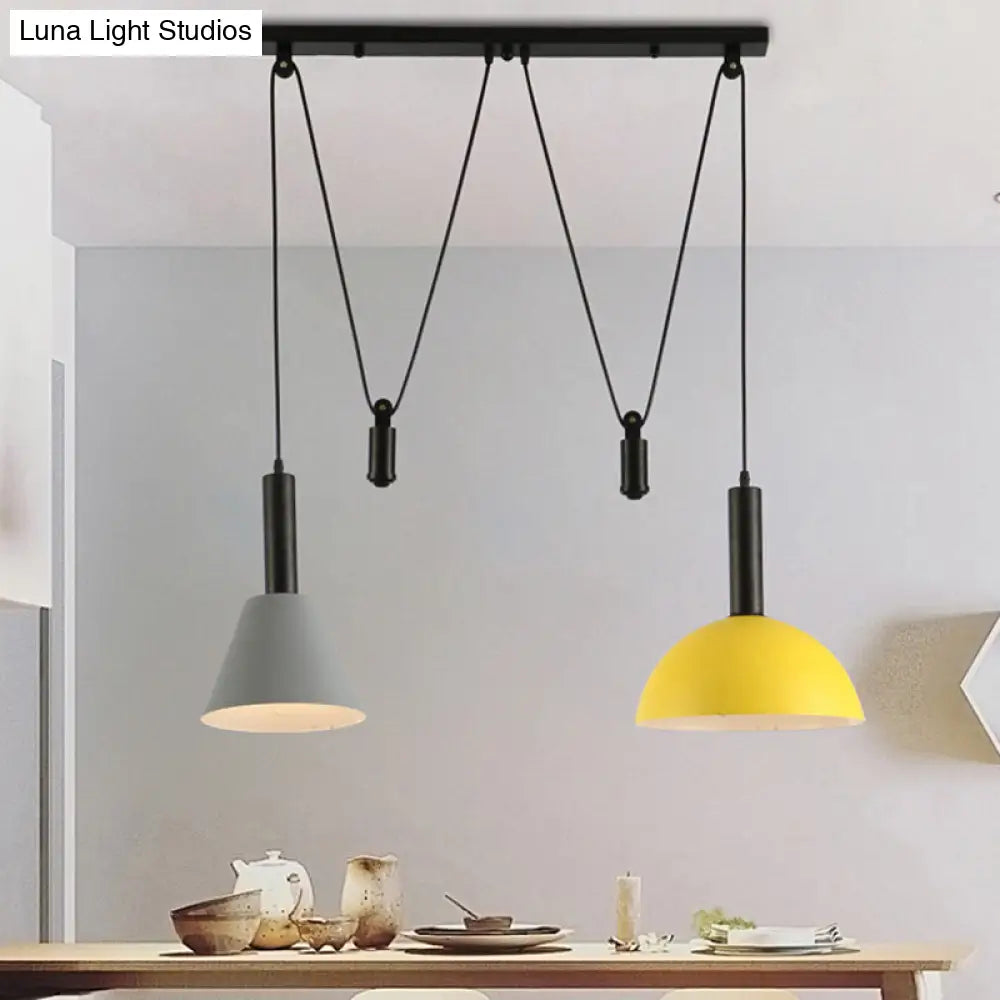 Modern Geometric Pendant Lamp With Pulley - Nordic Aluminum 2 Lights Ideal For Restaurants
