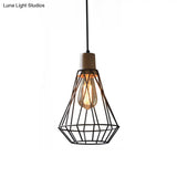 Modern Geometric Wire Cage Iron Pendant Lamp With Wooden Top - 12’/13’ H 1-Light Black Bedroom