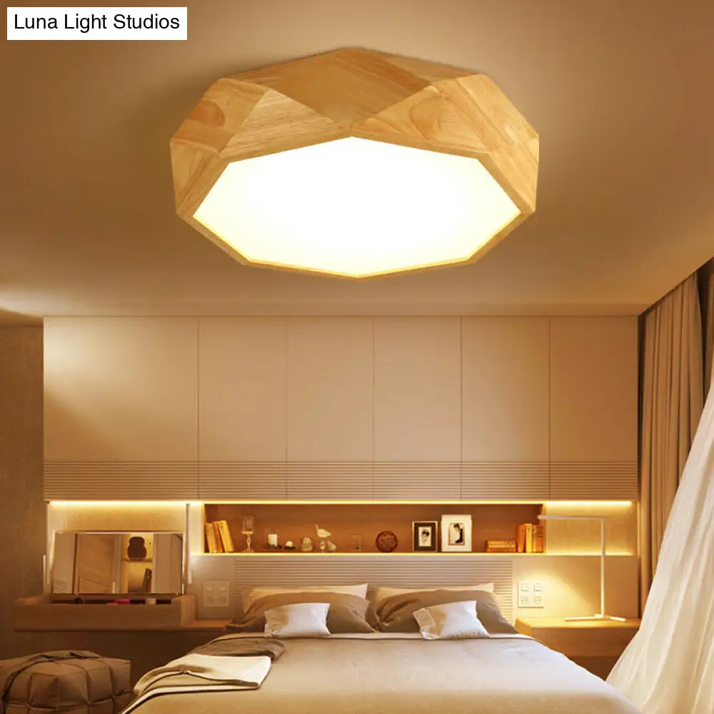 Modern Geometric Wood Beige Ceiling Light With Acrylic Diffuser - Led Flush Mount Lamp 18’/26’ Wide