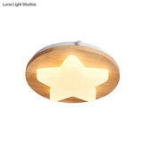 Modern Geometric Wooden Led Bedroom Flush Ceiling Light With Beige Acrylic Shade