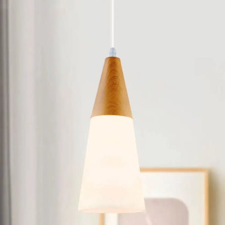 Modern Glass Cone Pendant Light With Wood Cap - White