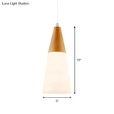 Modern Glass Cone Pendant Light With Wood Cap - White