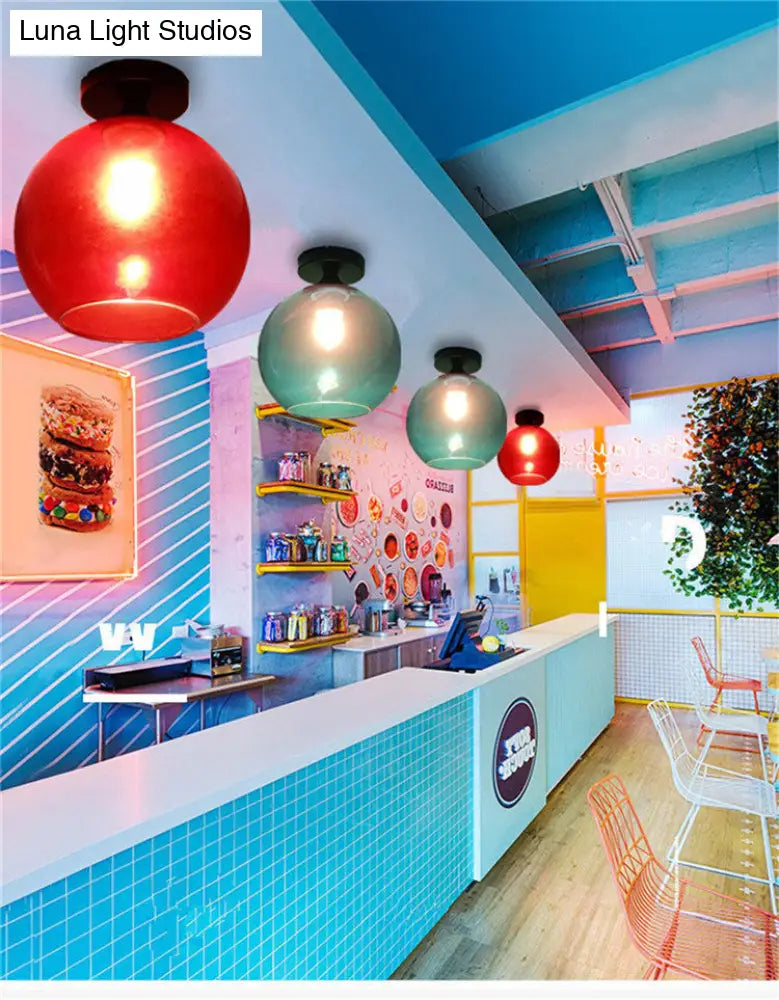 Modern Glass Semi Flush Mount Ceiling Light With Spherical Shade For Hallway
