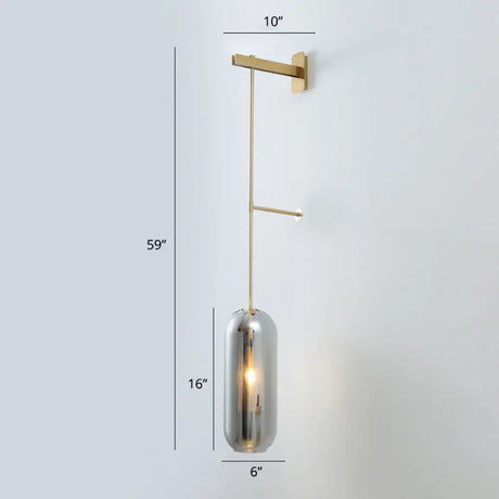 Modern Glass Wall Lamp With Brass Sconce And Mesh Guard Smoke Gray / Long Arm