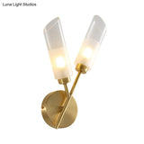 Modern Glass Wall Sconce With Beveled Tubes And 2-Light Brass Fixture