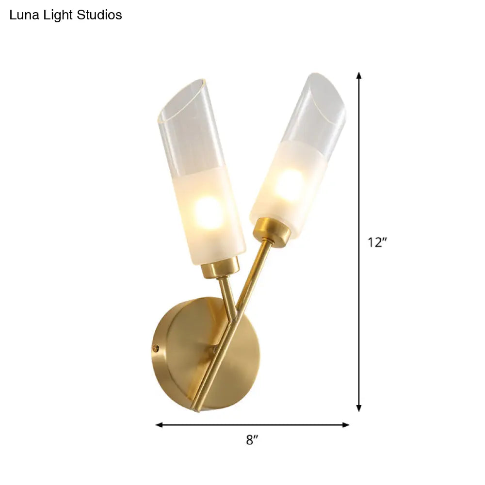 Modern Glass Wall Sconce With Beveled Tubes And 2-Light Brass Fixture
