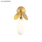 Modern Globe/Oval Wall Mount Lamp With Cream Glass - Brass Bedside Light Leaf Deco
