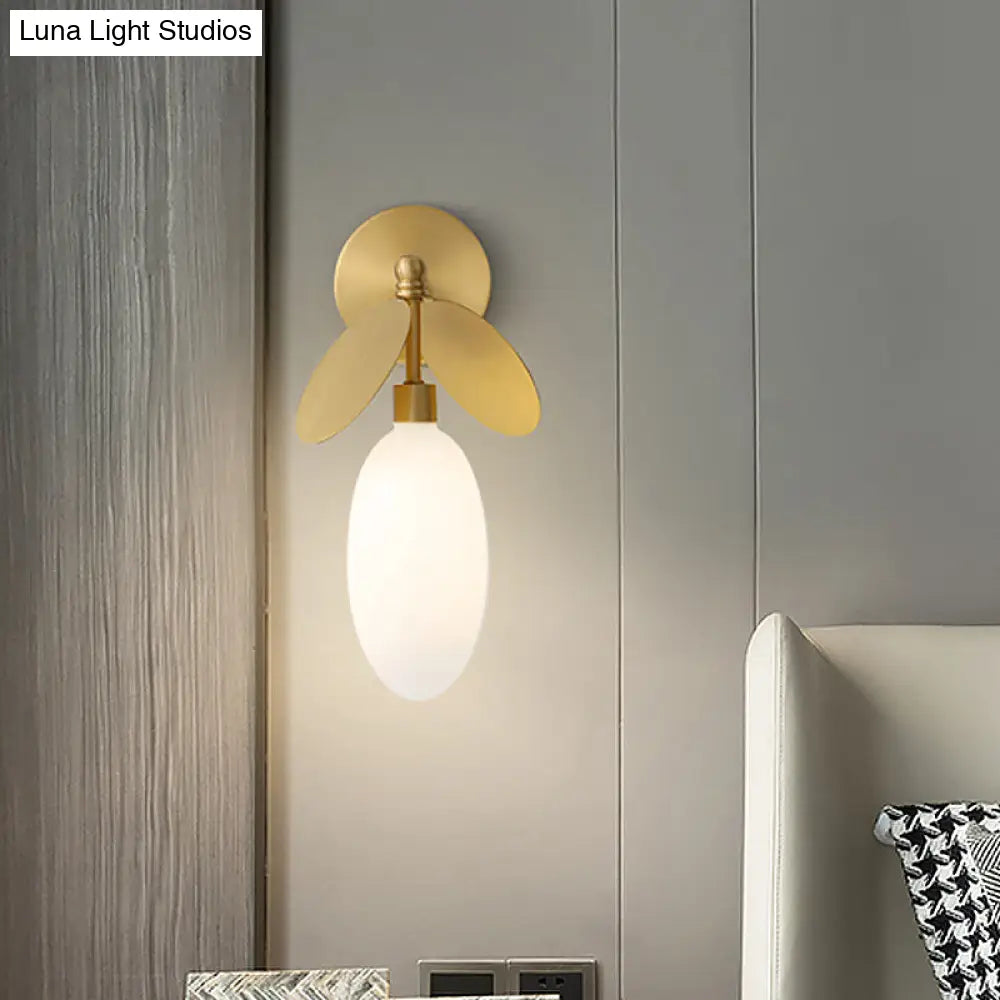 Modern Globe/Oval Wall Mount Lamp With Cream Glass - Brass Bedside Light Leaf Deco