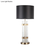 Modern Gold Barrel Fabric Desk Light | 1 Head Night Table Lamp With Clear Crystal Base