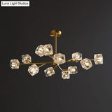 Modern Gold Branch Chandelier Lamp With Clear Crystal Cube - Living Room Suspension Light