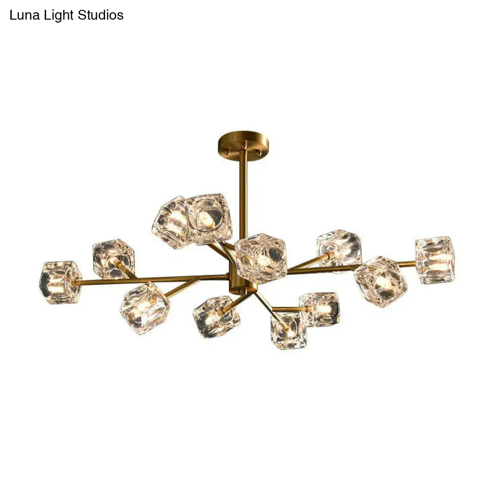 Modern Gold Branch Chandelier Lamp With Clear Crystal Cube - Living Room Suspension Light