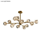 Modern Gold Branch Chandelier Lamp With Clear Crystal Cube - Living Room Suspension Light