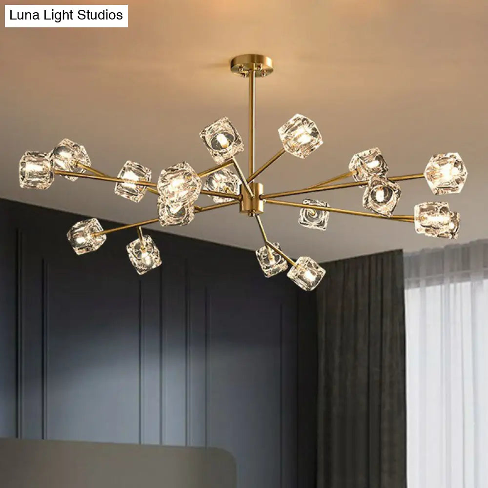 Modern Gold Branch Chandelier Lamp With Clear Crystal Cube - Living Room Suspension Light