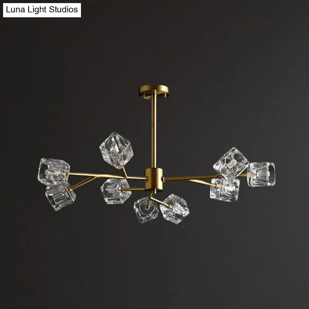 Modern Gold Branch Chandelier Lamp With Clear Crystal Cube - Living Room Suspension Light