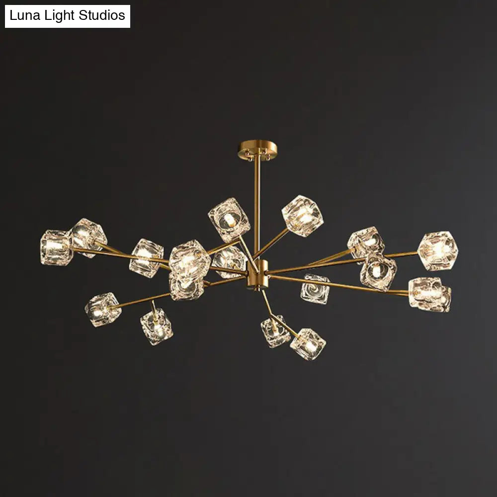 Modern Gold Branch Chandelier Lamp With Clear Crystal Cube - Living Room Suspension Light