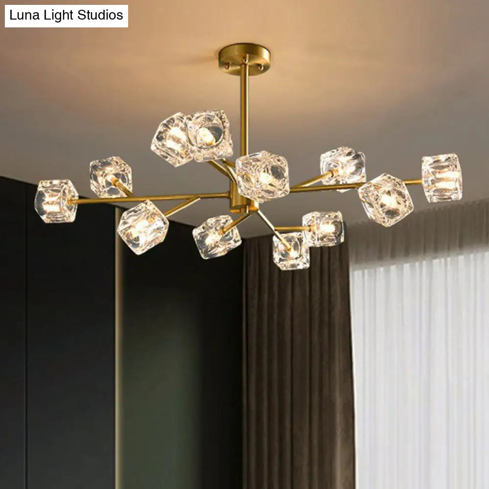 Modern Gold Branch Chandelier Lamp With Clear Crystal Cube - Living Room Suspension Light
