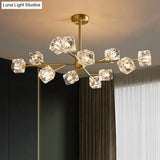 Modern Gold Branch Chandelier Lamp With Clear Crystal Cube - Living Room Suspension Light