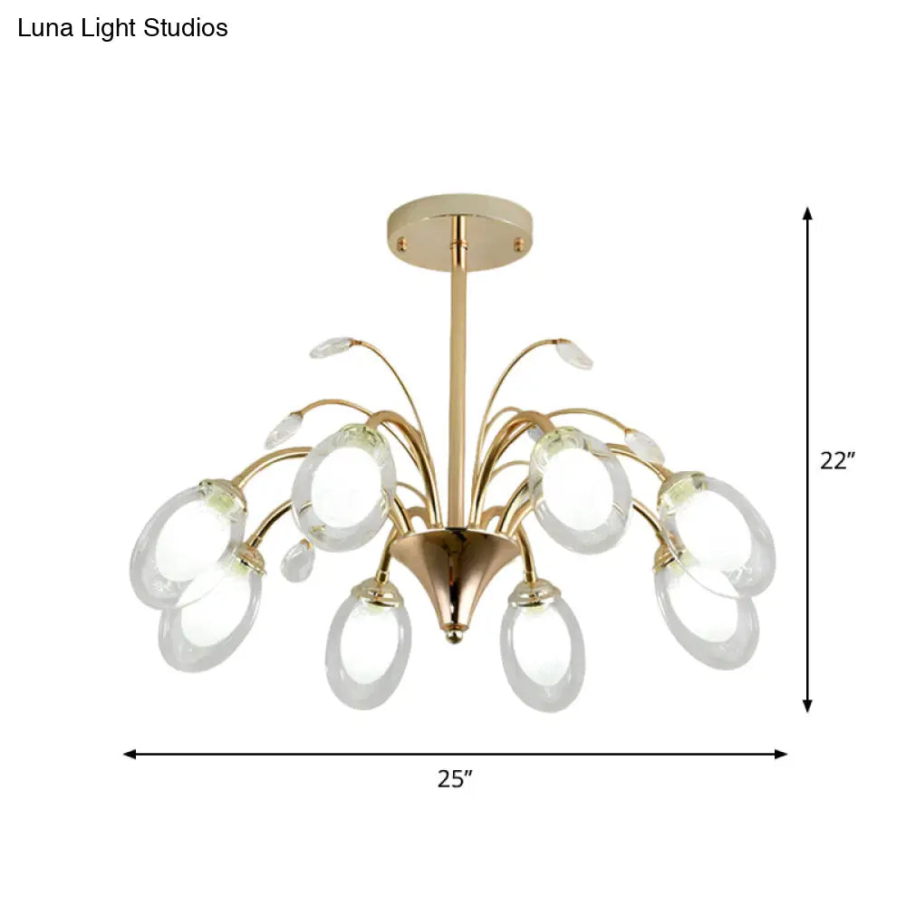 Modern Gold Chandelier Lamp With Oval Glass Shades - 6/8/10 Head Ceiling Light