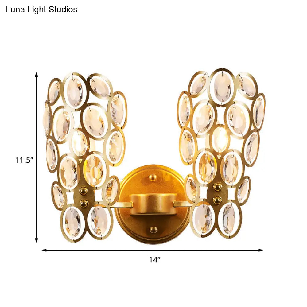 Modern Gold Circles Wall Sconce Light With Crystal Deco - 2 Lights For Bedroom