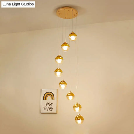 Modern Gold Cluster Pendant Lamp With Clear Glass And Led Lights - 8-Head Ceiling Fixture For Stairs