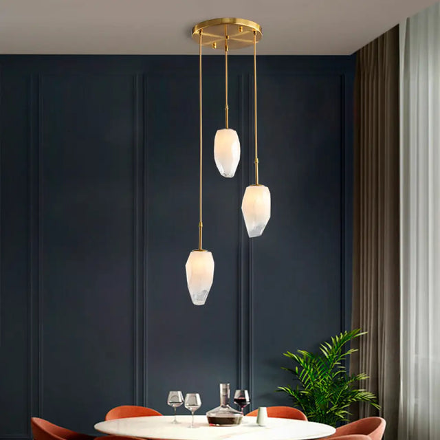 Modern Gold Cluster Pendant With Frosted White Glass - Stone Dining Table Suspension Lighting