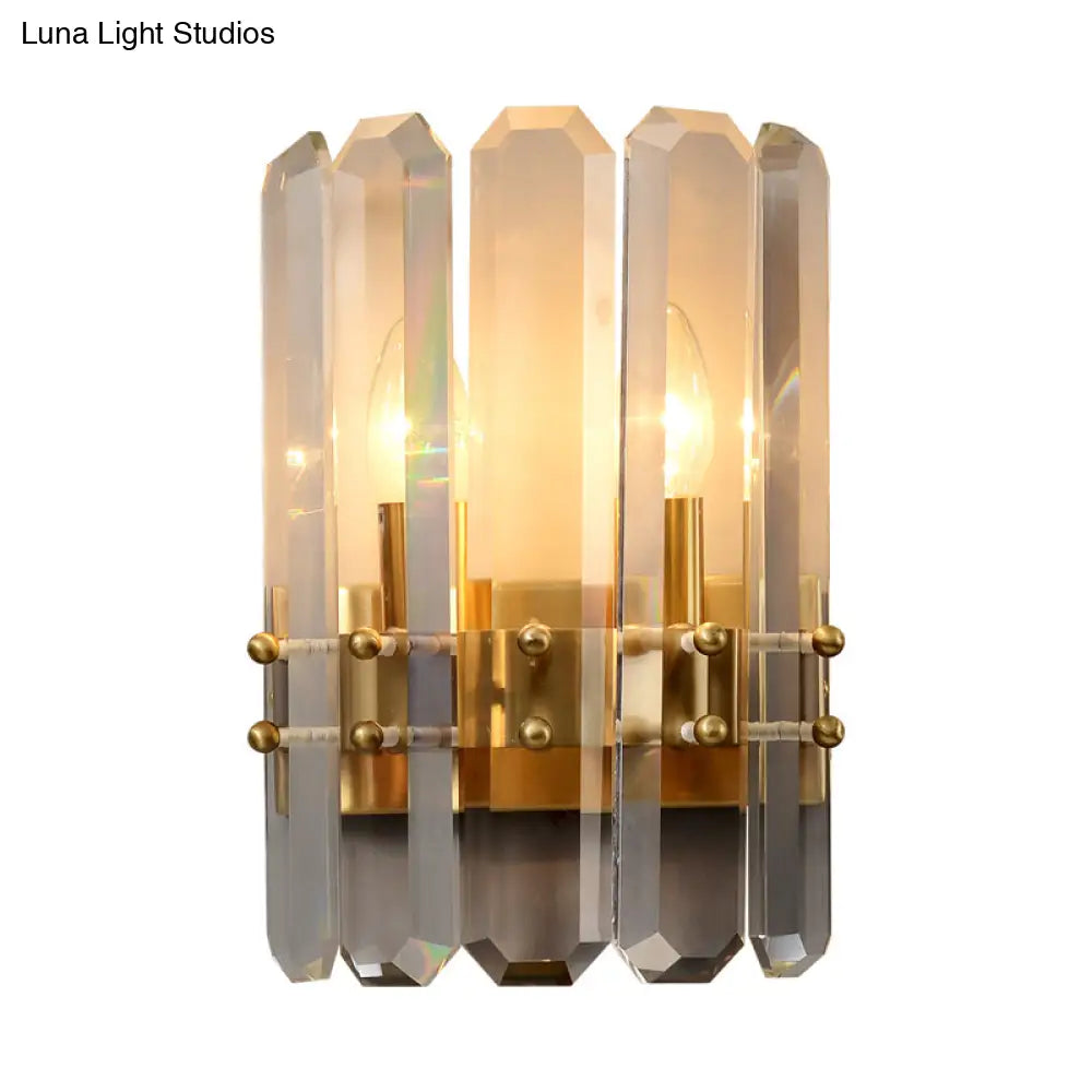 Modern Gold Crystal Flush Wall Sconce: Half-Cylinder Rectangle-Cut Lamp With 2 Lights For Hallways