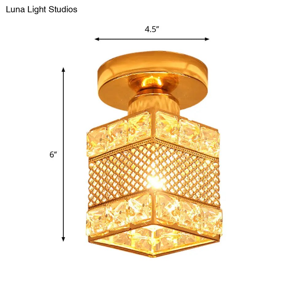 Modern Gold Crystal Shade Balcony Semi Mount Lighting - Globe/Square/Lantern Design Close To Ceiling