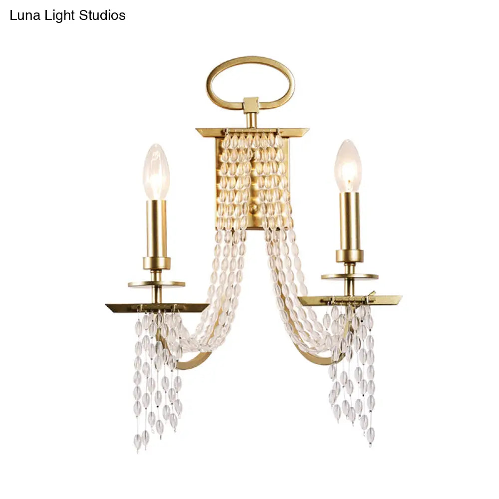Modern Gold Crystal Strand Wall Mounted Candle Lamp - 2-Light Design Bedroom Lighting