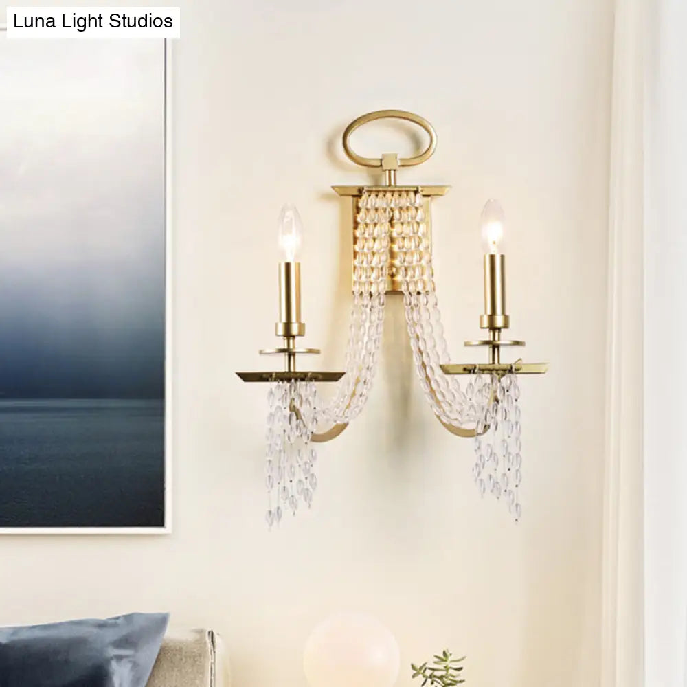 Modern Gold Crystal Strand Wall Mounted Candle Lamp - 2-Light Design Bedroom Lighting