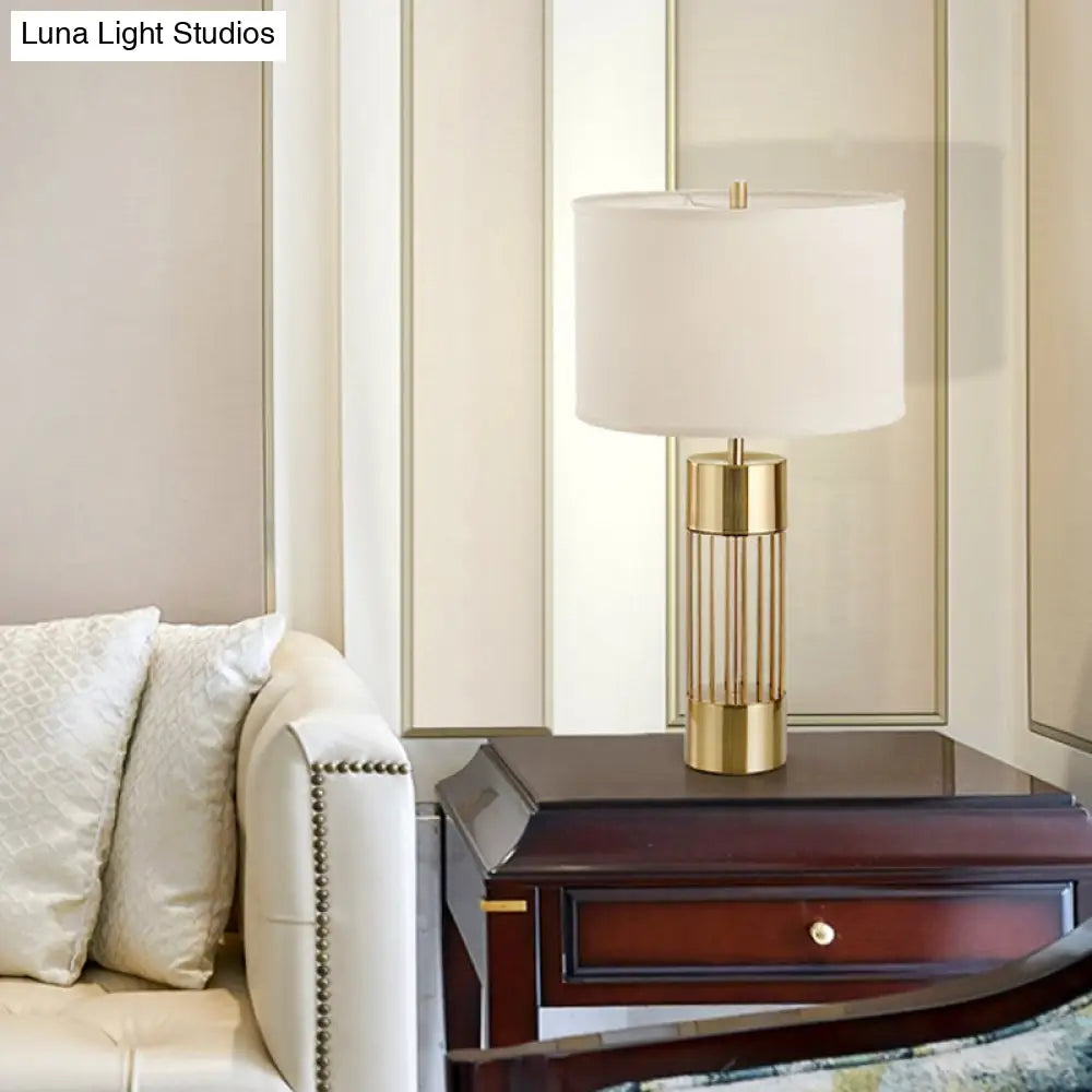 Modern Gold Fabric Shaded Desk Lamp With Laser Cut Metal Base