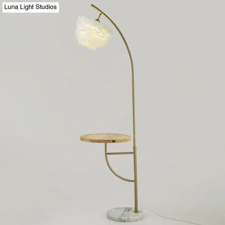 Modern Gold Feather Hemisphere Shade Floor Lamp With Wooden Tray - 1 Bulb Standing Light