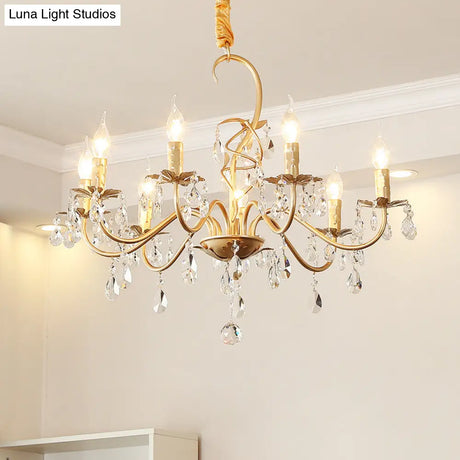 Modern Gold Finish 5/8-Light Metallic Chandelier Lamp With Crystal Deco And Curved Arm