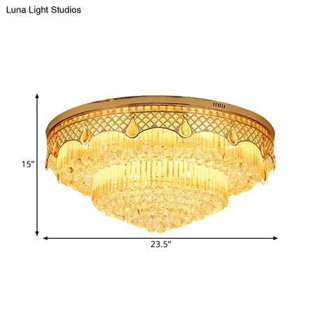 Modern Gold Finish Flush Mount Ceiling Light With 6 Tapered Bulbs And Crystal Balls