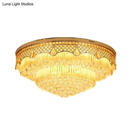 Modern Gold Finish Flush Mount Ceiling Light With 6 Tapered Bulbs And Crystal Balls