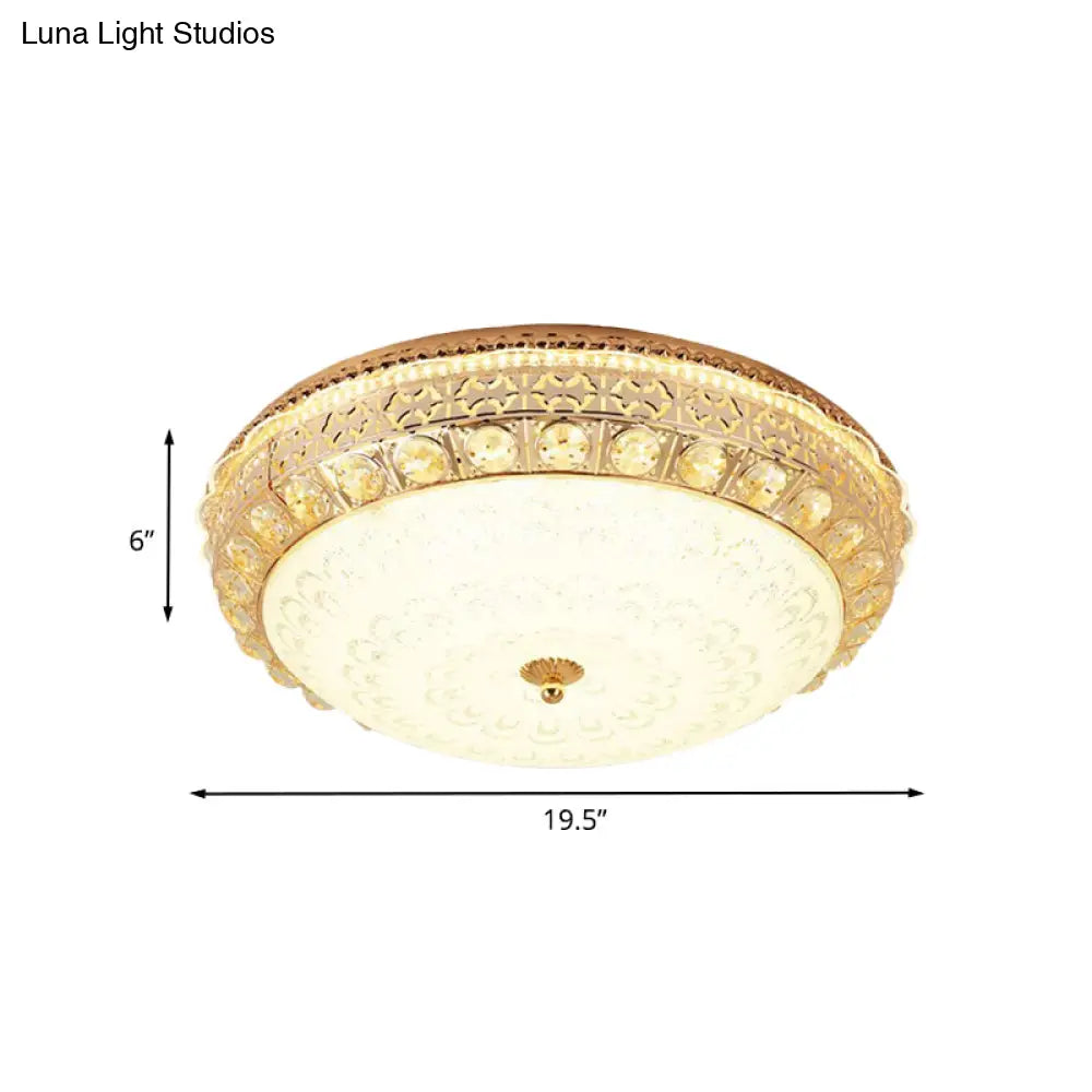 Modern Gold Finish Flush Mount Ceiling Light With Crystal Block Accents - Led Round Lamp