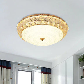 Modern Gold Finish Flush Mount Ceiling Light With Crystal Block Accents - Led Round Lamp