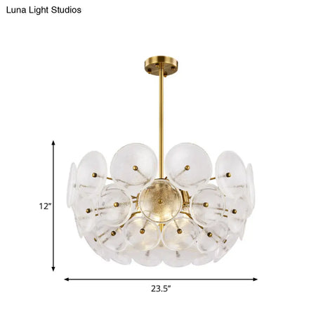 Modern Gold Finish Hanging Chandelier With Clear Glass Discs Triple Light Pendant Lamp