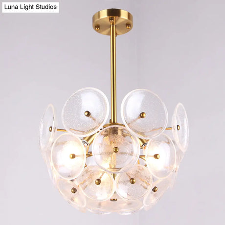 Modern Gold Finish Hanging Chandelier With Clear Glass Discs Triple Light Pendant Lamp