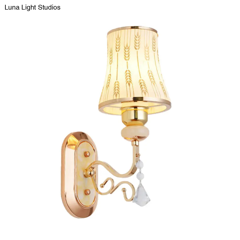 Modern Gold Finish Wall Lamp With Arc Wheat Patterned Glass