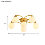 Modern Gold Flower Design 6-Head Orb Bedroom Semi Flush Ceiling Lamp With Opal Glass