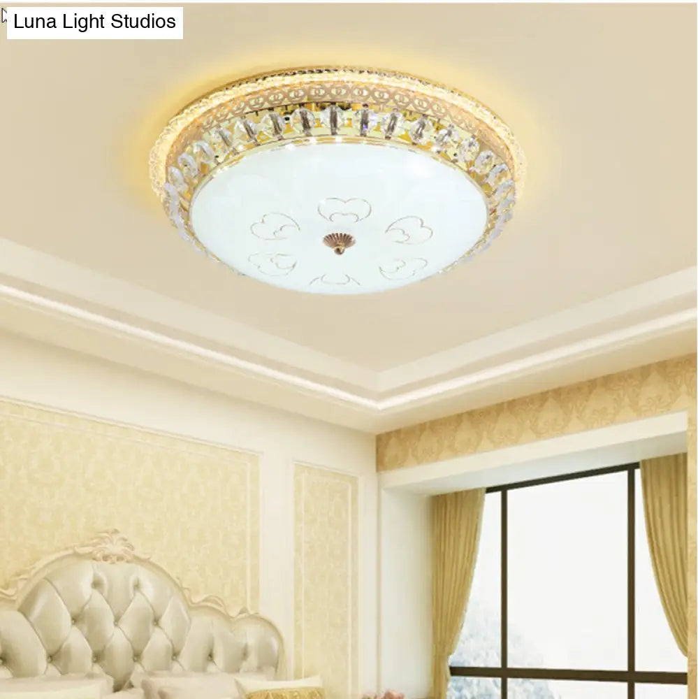 Modern Gold Flush Mount Ceiling Light With Opal Glass Led And Crystal Accent - 16’/19.5’ W