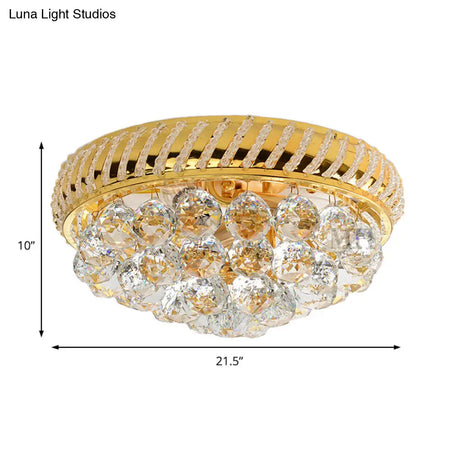 Modern Gold Flush Mount Chandelier With Crystal Ball & Round Shade - 14’/18’ W 3/4/5 Heads