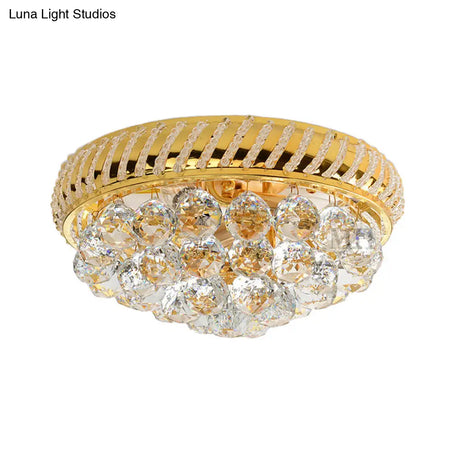 Modern Gold Flush Mount Chandelier With Crystal Ball & Round Shade - 14’/18’ W 3/4/5 Heads