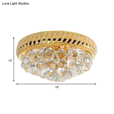 Modern Gold Flush Mount Chandelier With Crystal Ball & Round Shade - 14’/18’ W 3/4/5 Heads
