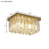 Modern Gold Flush Mount Light With Crystal Block Shade - 2 Lights Rectangle Ceiling Design