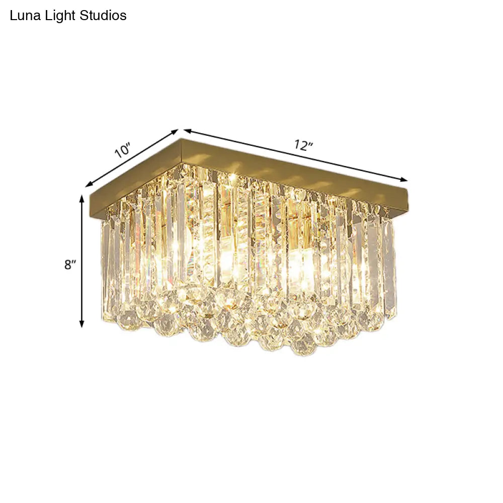 Modern Gold Flush Mount Light With Crystal Block Shade - 2 Lights Rectangle Ceiling Design
